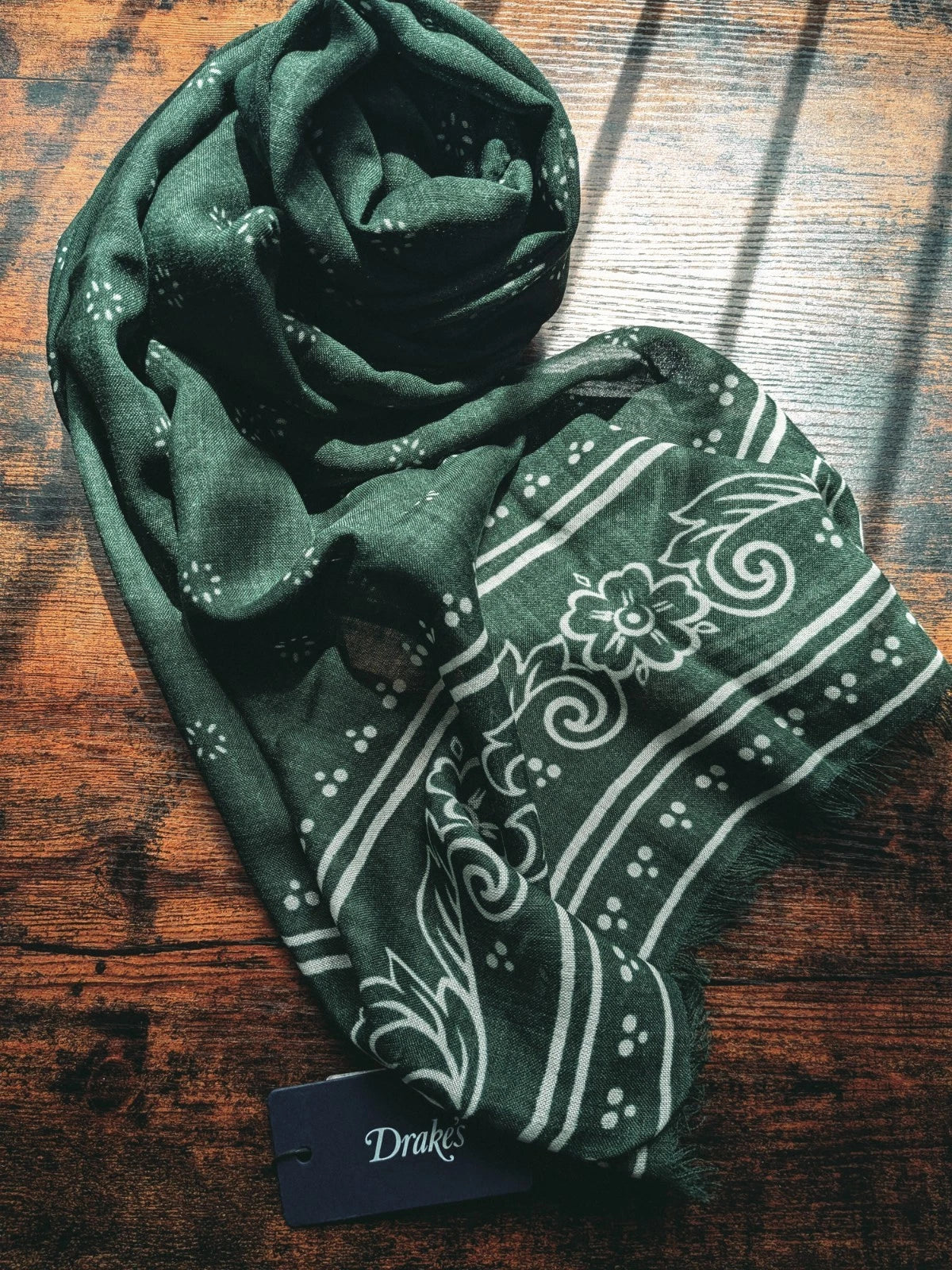 Drake's green summer print wool silk scarf detail view 2