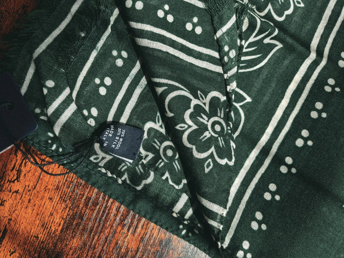Drake's green summer print wool silk scarf detail view 4
