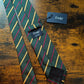 Drake's green yellow pink handmade striped silk cotton tie detail view 2