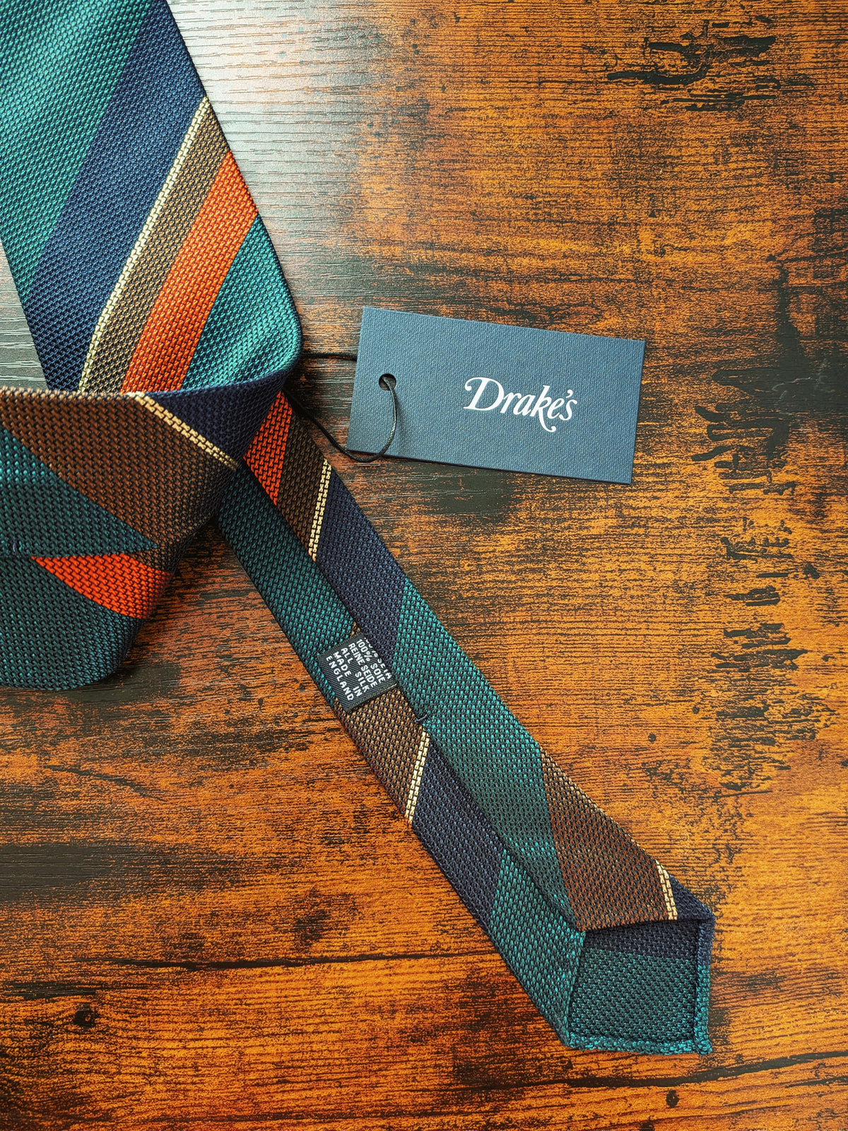 Drake's grenadine multicoloured handmade striped silk tie detail view 2