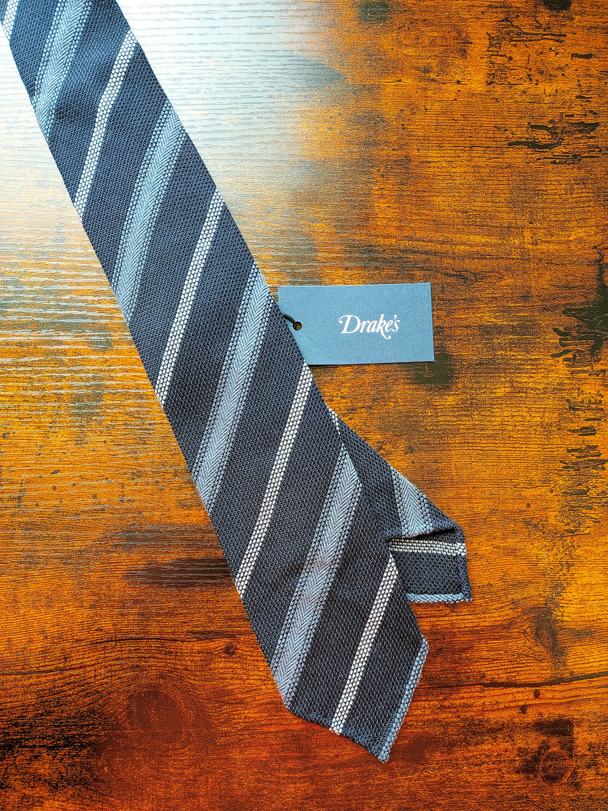 Drake's grenadine navy blue handmade striped silk tie product image