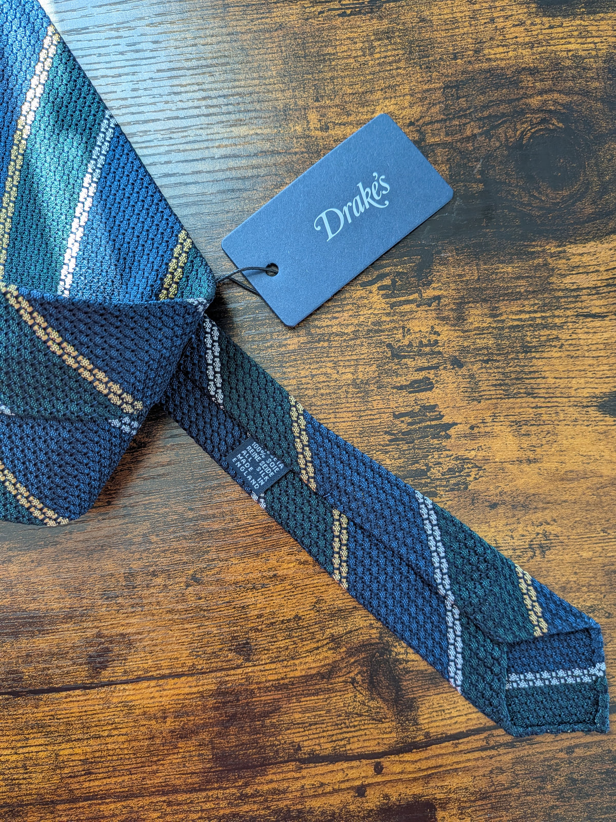 Drake's grenadine navy green yellow multicoloured striped handmade silk tie detail view 2