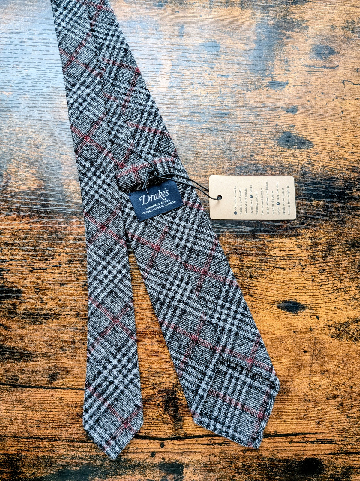 Drake's grey red check handmade silk tie detail view 3