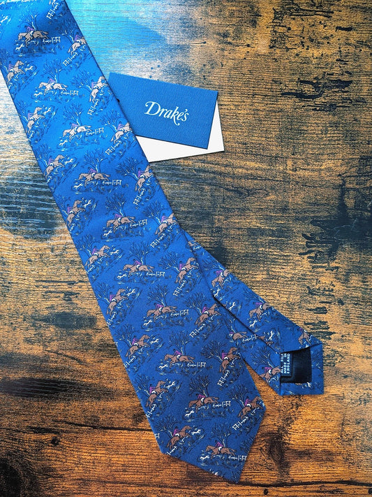 Drake's horse riding navy handmade tipped silk tie detail view 2