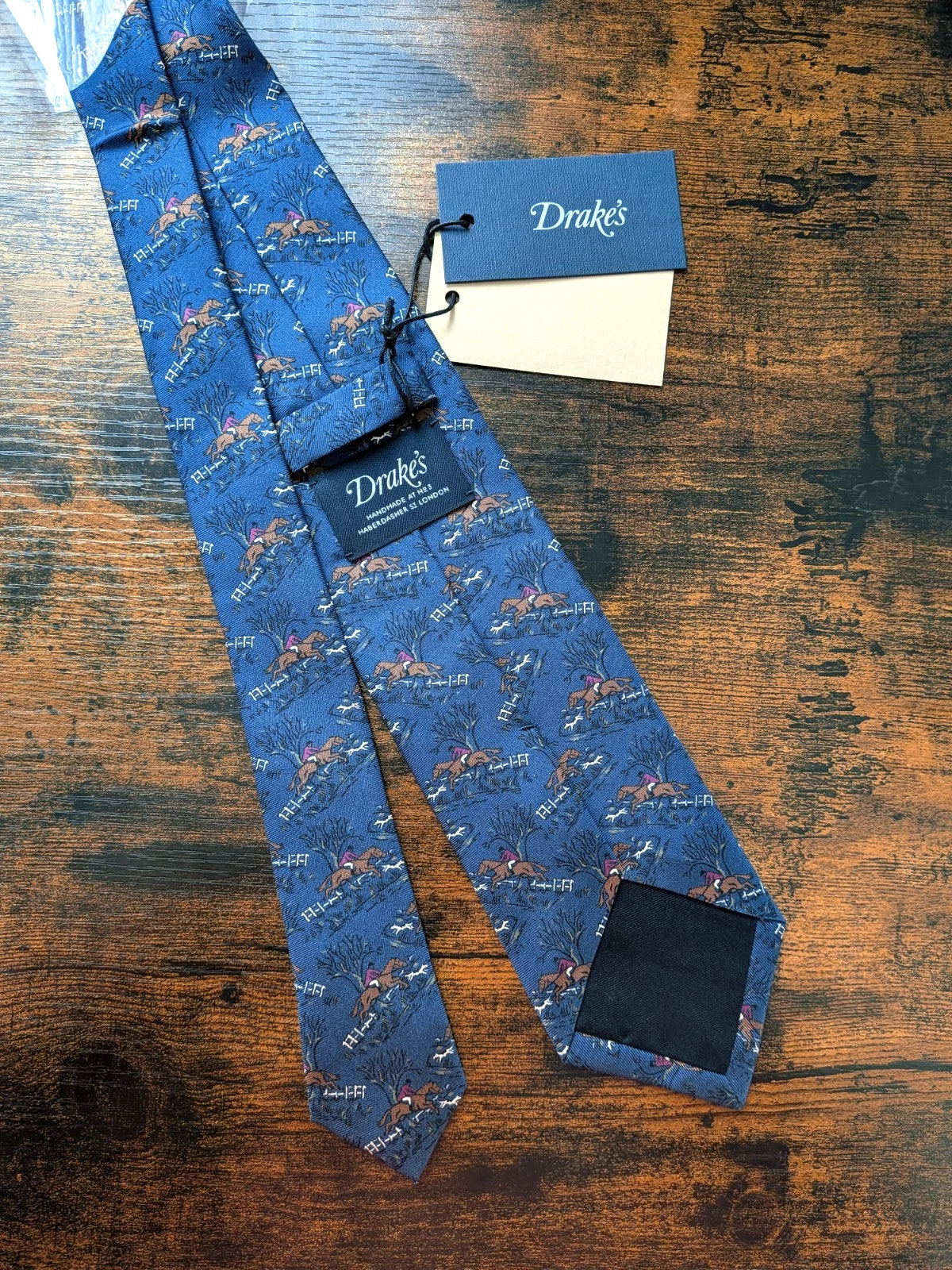 Drake's horse riding navy handmade tipped silk tie detail view 3