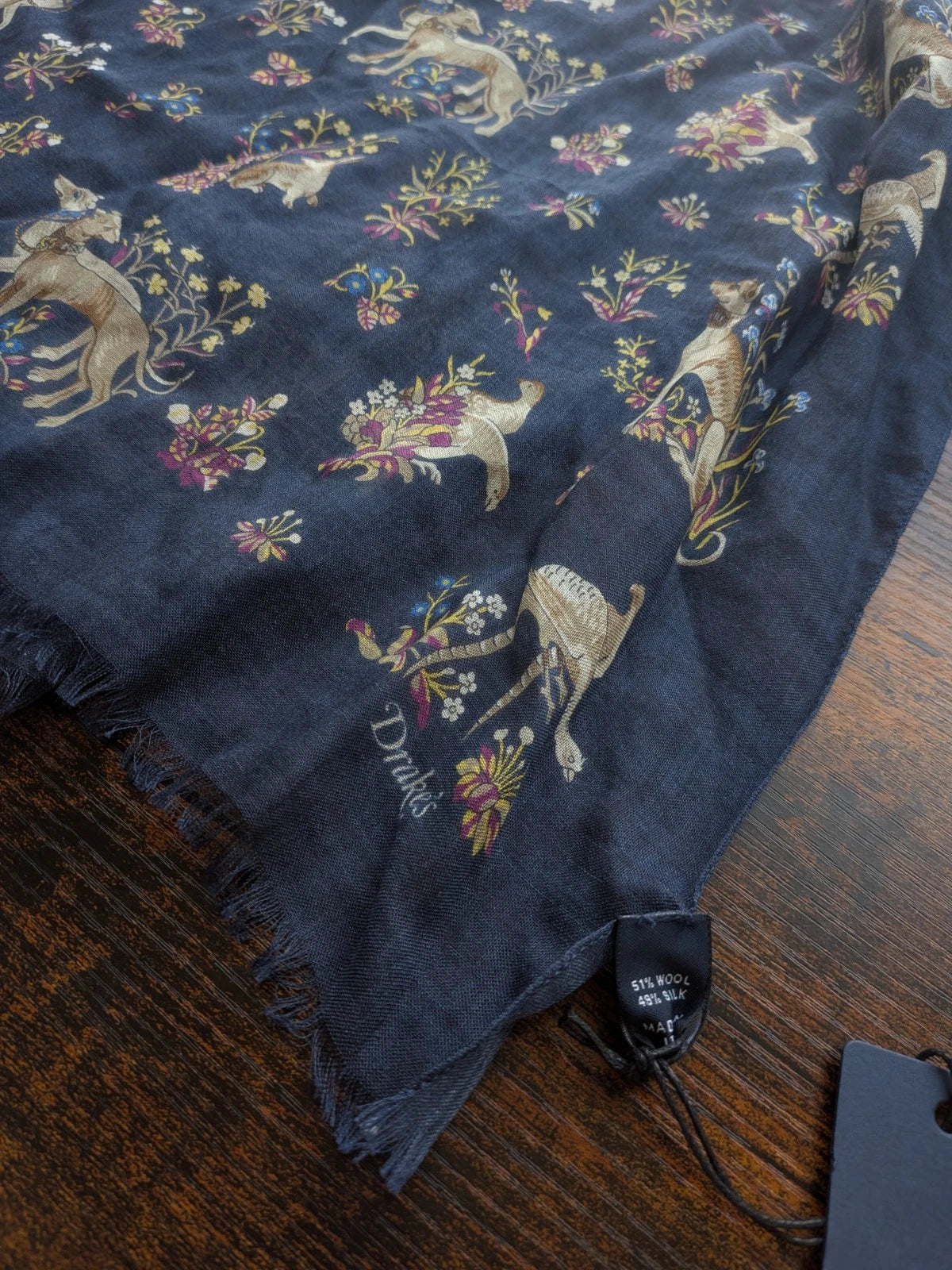 Drake's hound animals print wool silk scarf detail view 3