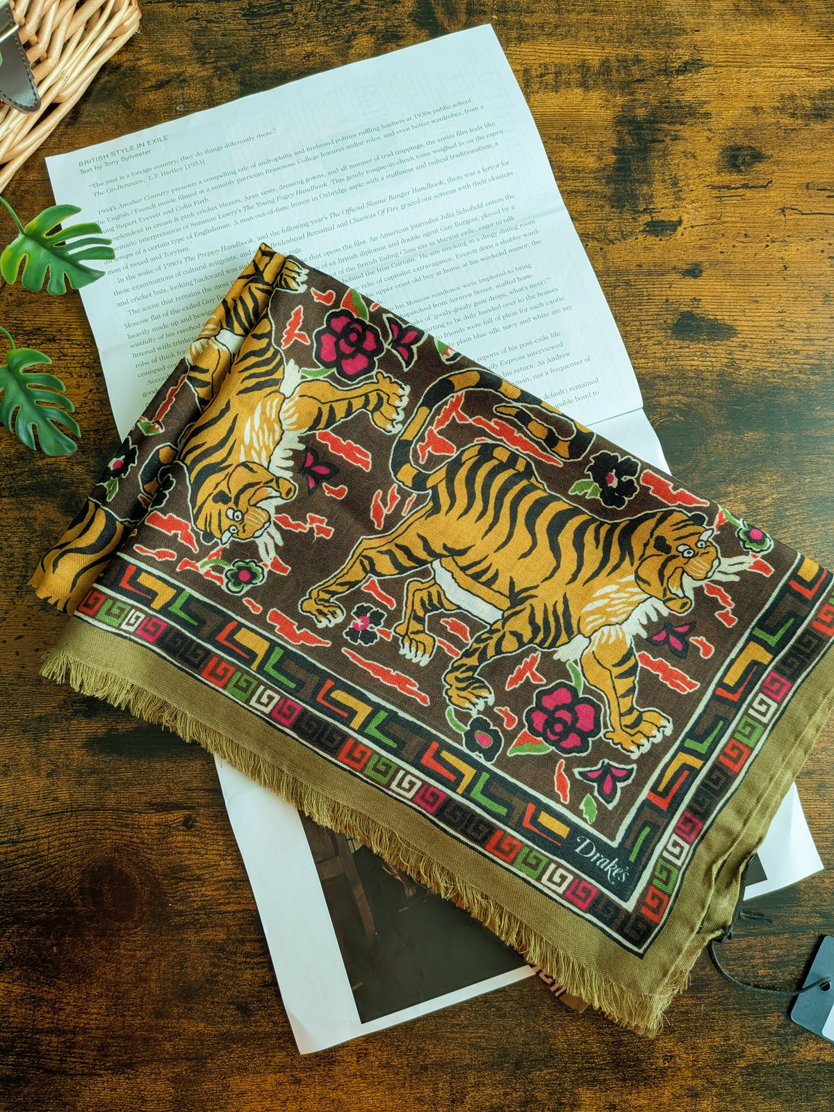 Drake's Khaki Jumbo Tiger Print Wool-Silk Scarf - image 1