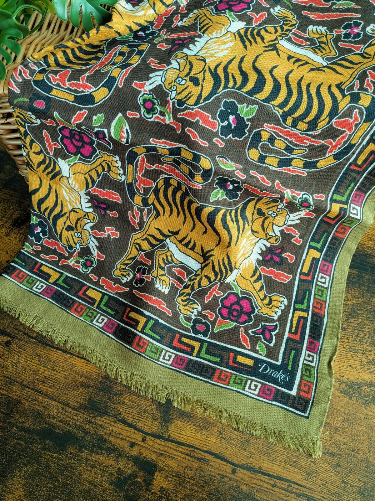 Drake's Khaki Jumbo Tiger Print Wool-Silk Scarf - image 2