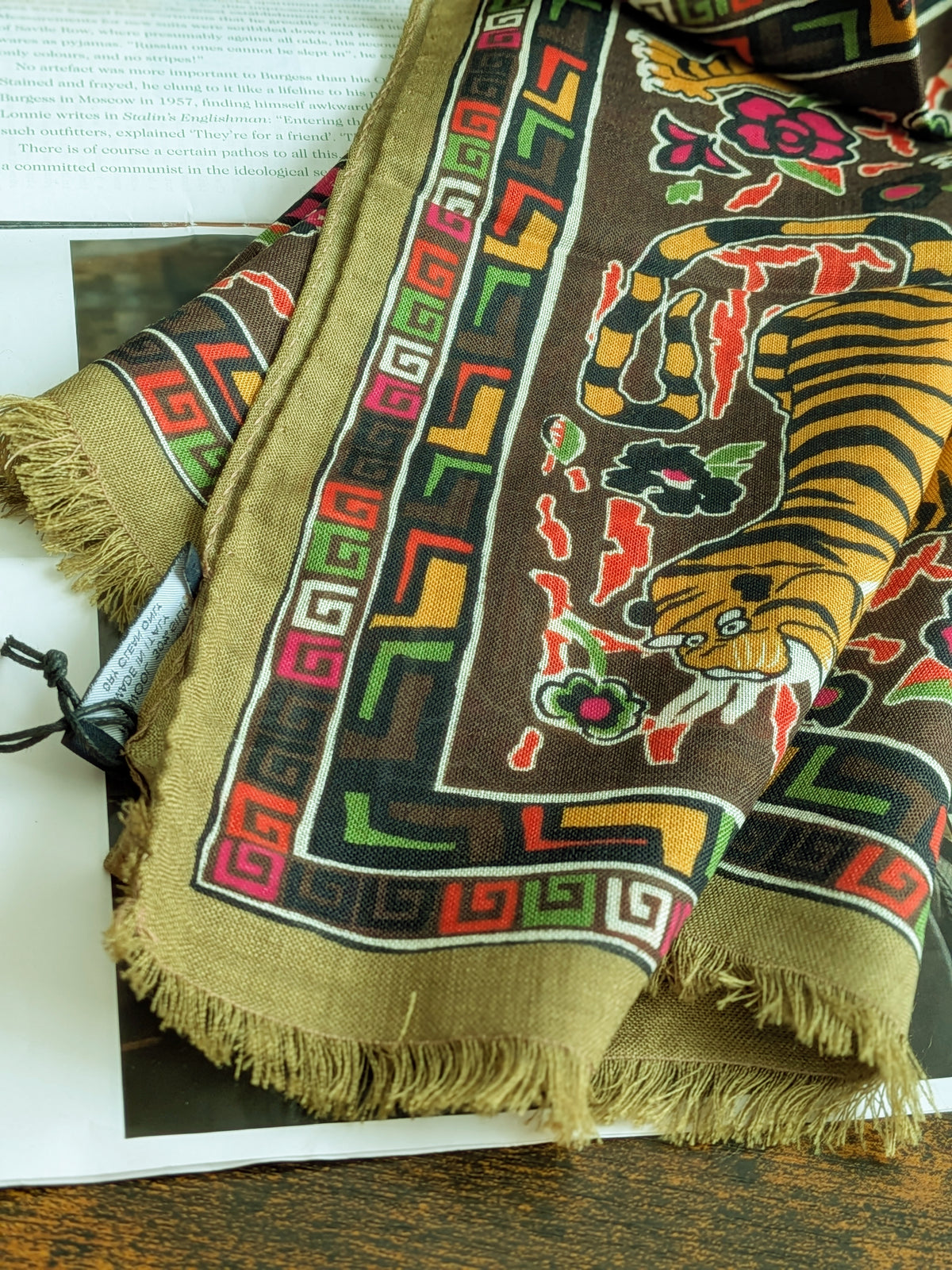 Drake's Khaki Jumbo Tiger Print Wool-Silk Scarf - image 3