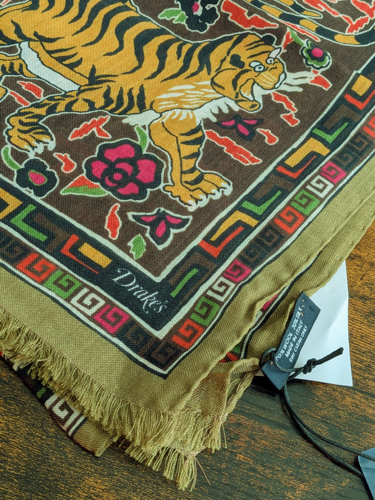 Drake's Khaki Jumbo Tiger Print Wool-Silk Scarf - image 5