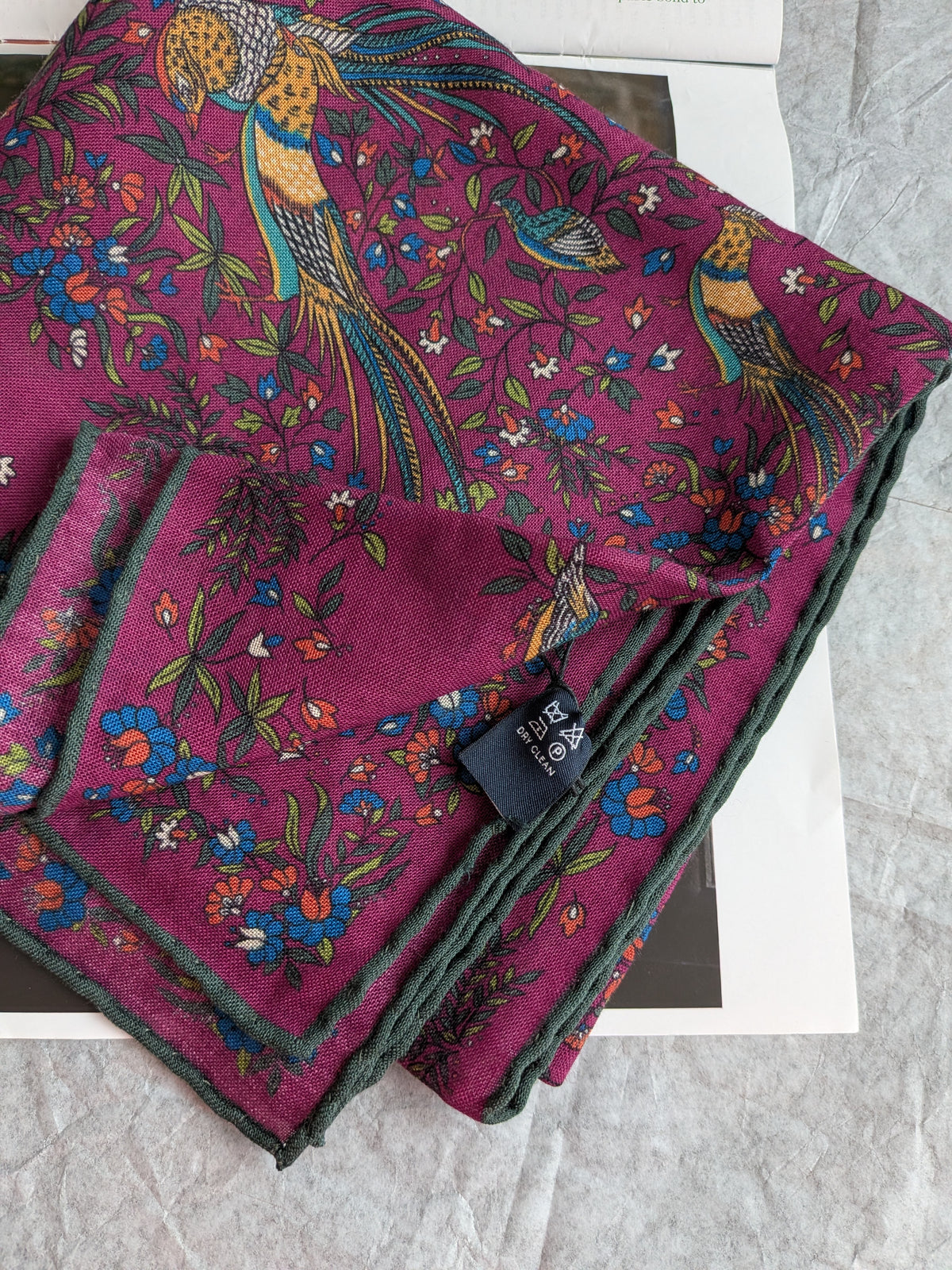 Drake's magenta birds of paradise print wool-silk square scarf detail view 2