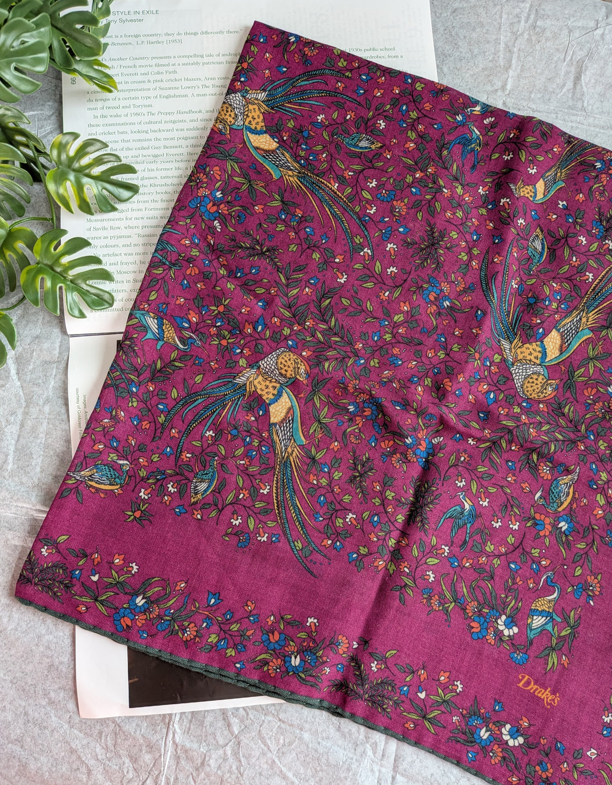 Drake's magenta birds of paradise print wool-silk square scarf detail view 3