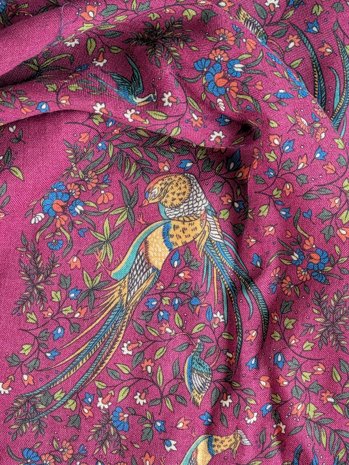 Drake's magenta birds of paradise print wool-silk square scarf detail view 4