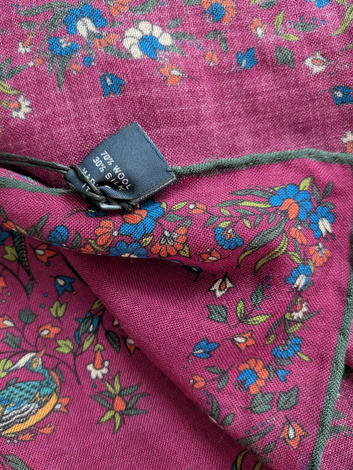 Drake's magenta birds of paradise print wool-silk square scarf detail view 5