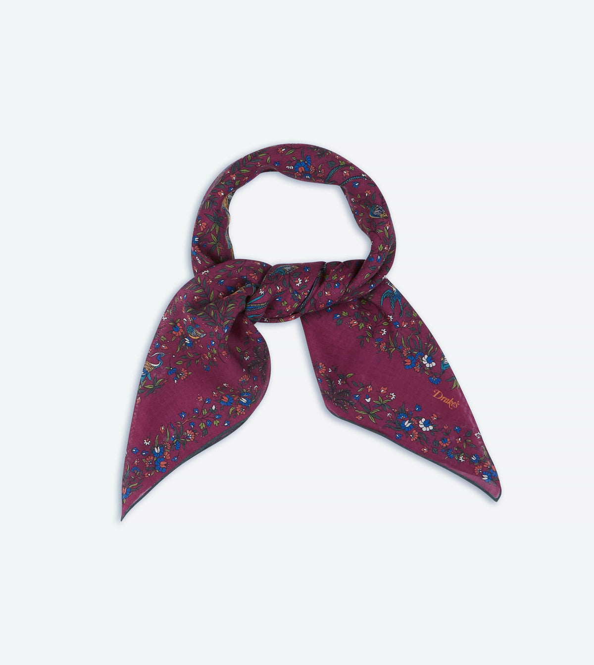 Drake's magenta birds of paradise print wool-silk square scarf detail view 8