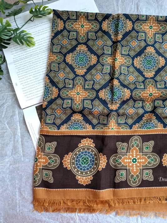 Drake's medallion wool silk print scarf detail view 3