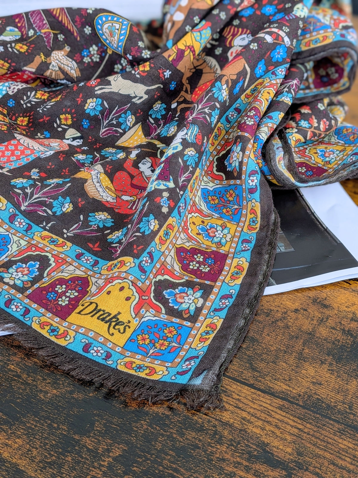 Drake's Mughal Garden Print Wool-Silk Scarf Brown - image 2