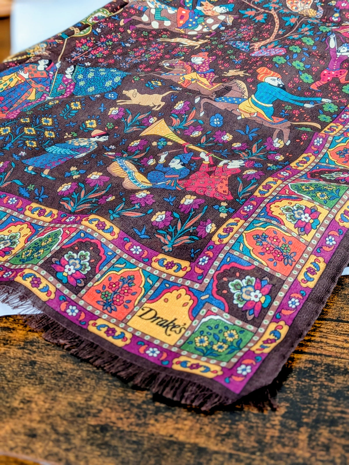Drake's Mughal Garden Print Wool-Silk Scarf Brown Purple - image 2
