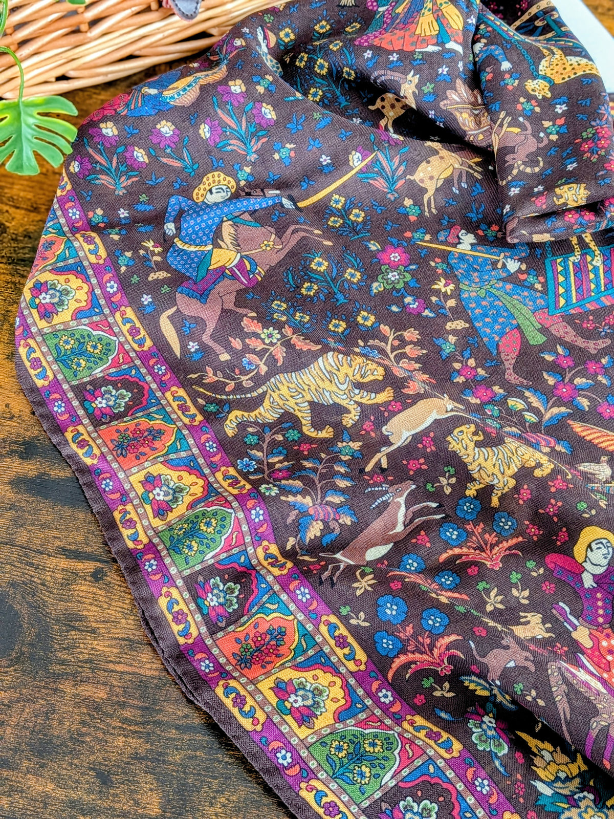 Drake's Mughal Garden Print Wool-Silk Scarf Brown Purple - image 4