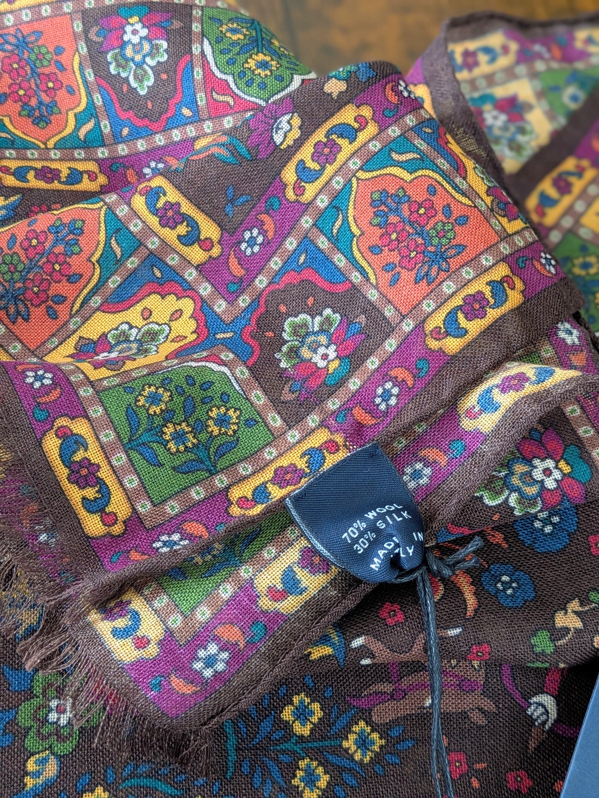 Drake's Mughal Garden Print Wool-Silk Scarf Brown Purple - image 5