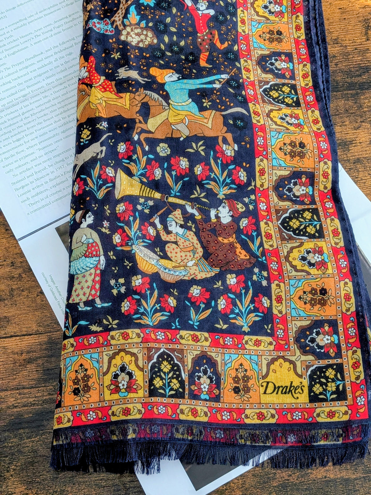 Drake's Mughal Garden Print Wool-Silk Scarf Navy - image 1