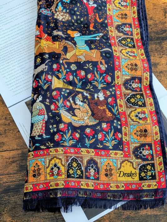 Drake's Mughal Garden Print Wool-Silk Scarf Navy - image 1