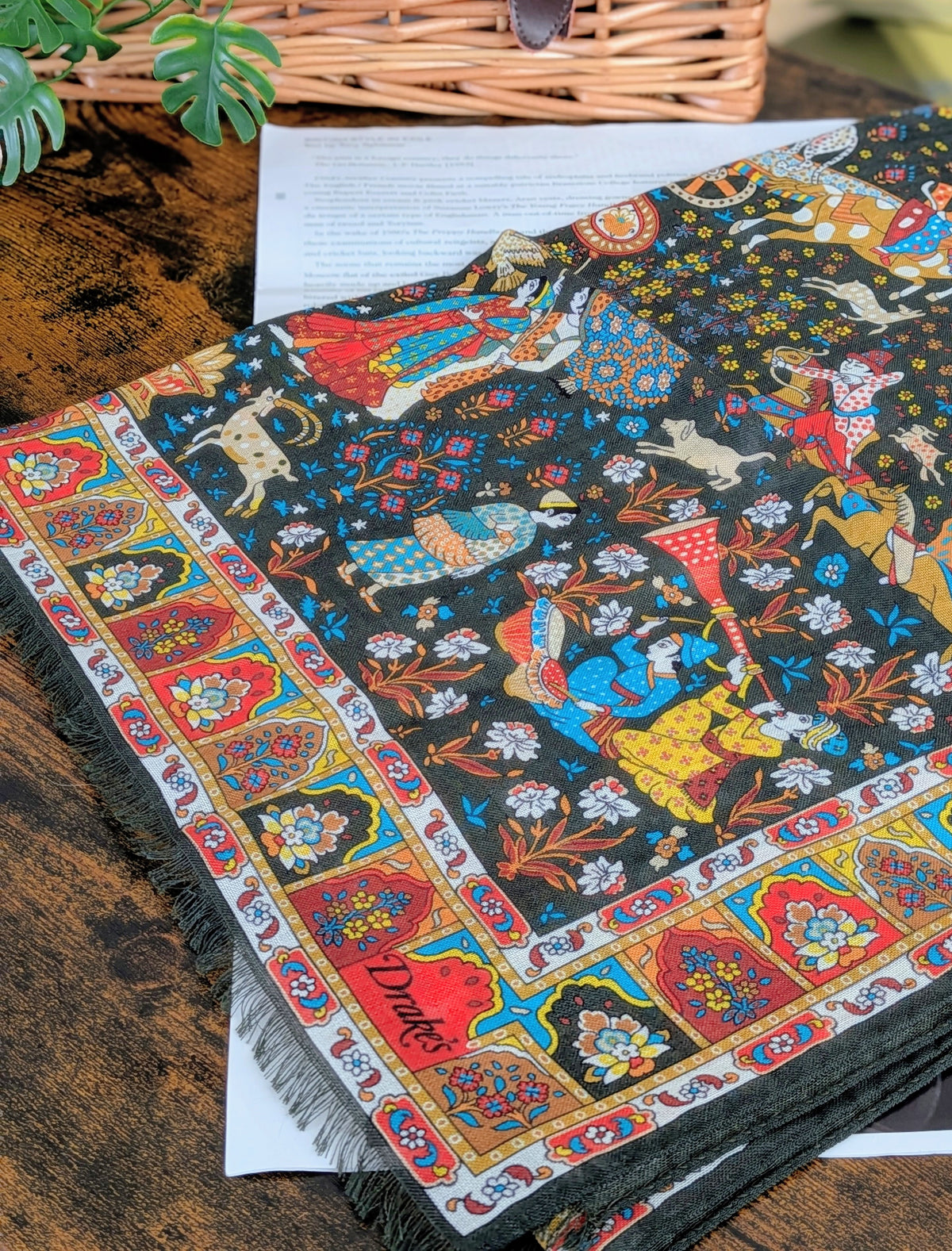 Drake's Mughal Garden Print Wool-Silk Scarf Olive - image 1