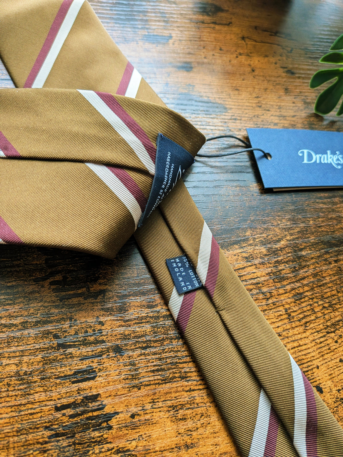 Drake's mustard brown burgundy striped handmade silk tie detail view 2