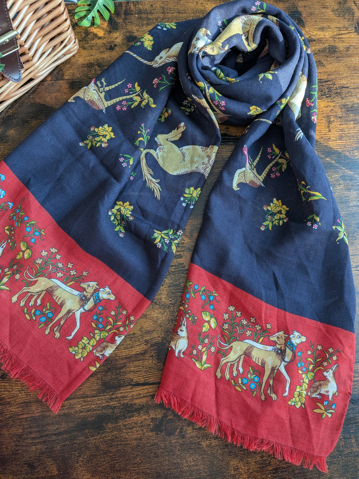 Drake's Navy and Red Unicorn Print Tubular Wool Silk Scarf - image 1