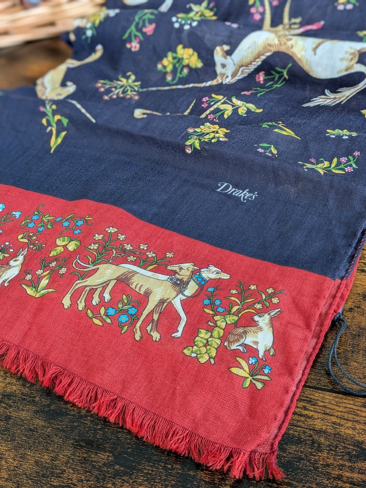 Drake's Navy and Red Unicorn Print Tubular Wool Silk Scarf - image 2