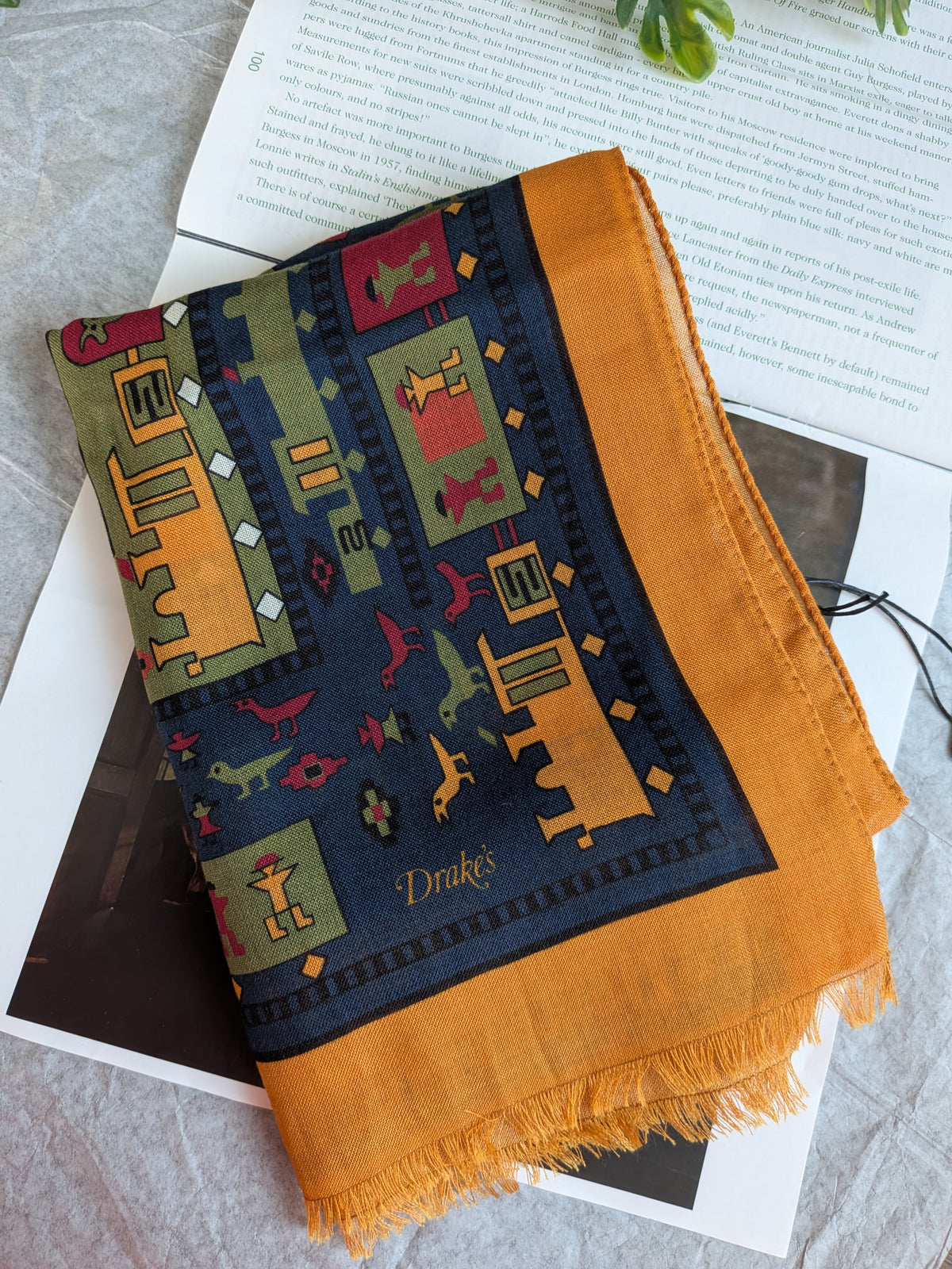 Drake's navy and yellow navajo print wool silk scarf product image