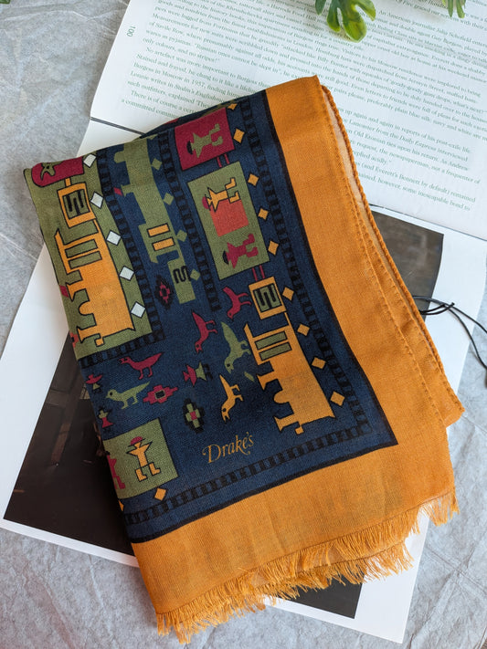Drake's navy and yellow navajo print wool silk scarf product image