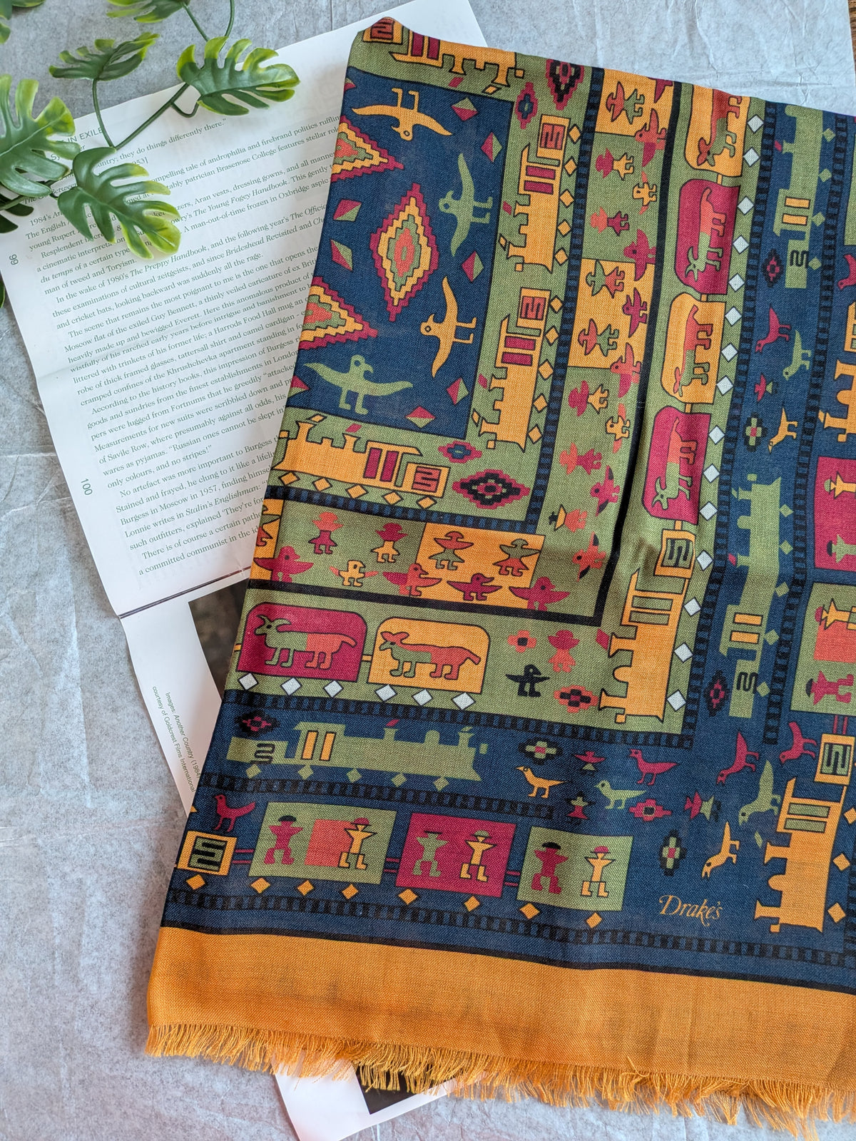 Drake's navy and yellow navajo print wool silk scarf detail view 2