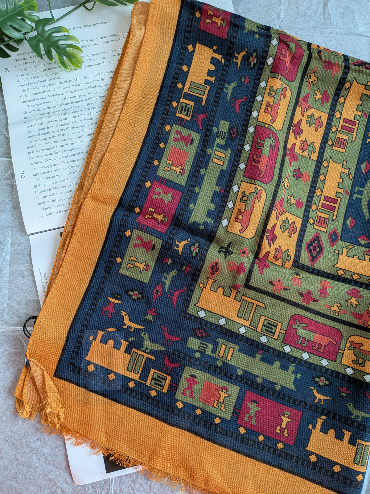 Drake's navy and yellow navajo print wool silk scarf detail view 3