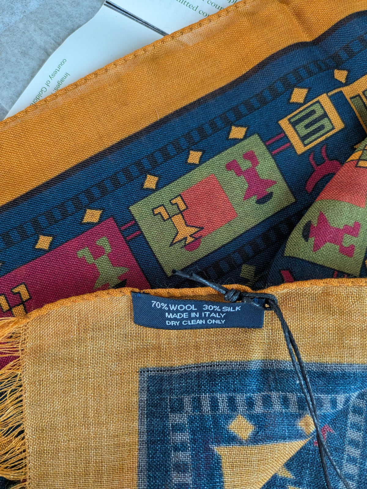 Drake's navy and yellow navajo print wool silk scarf detail view 4