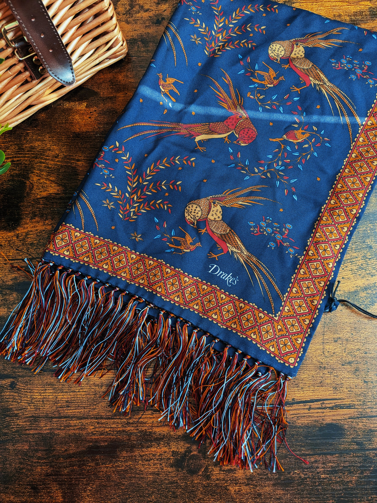Drake's Navy Birds of Paradise Print Tubular Silk Tasselled Scarf - image 1