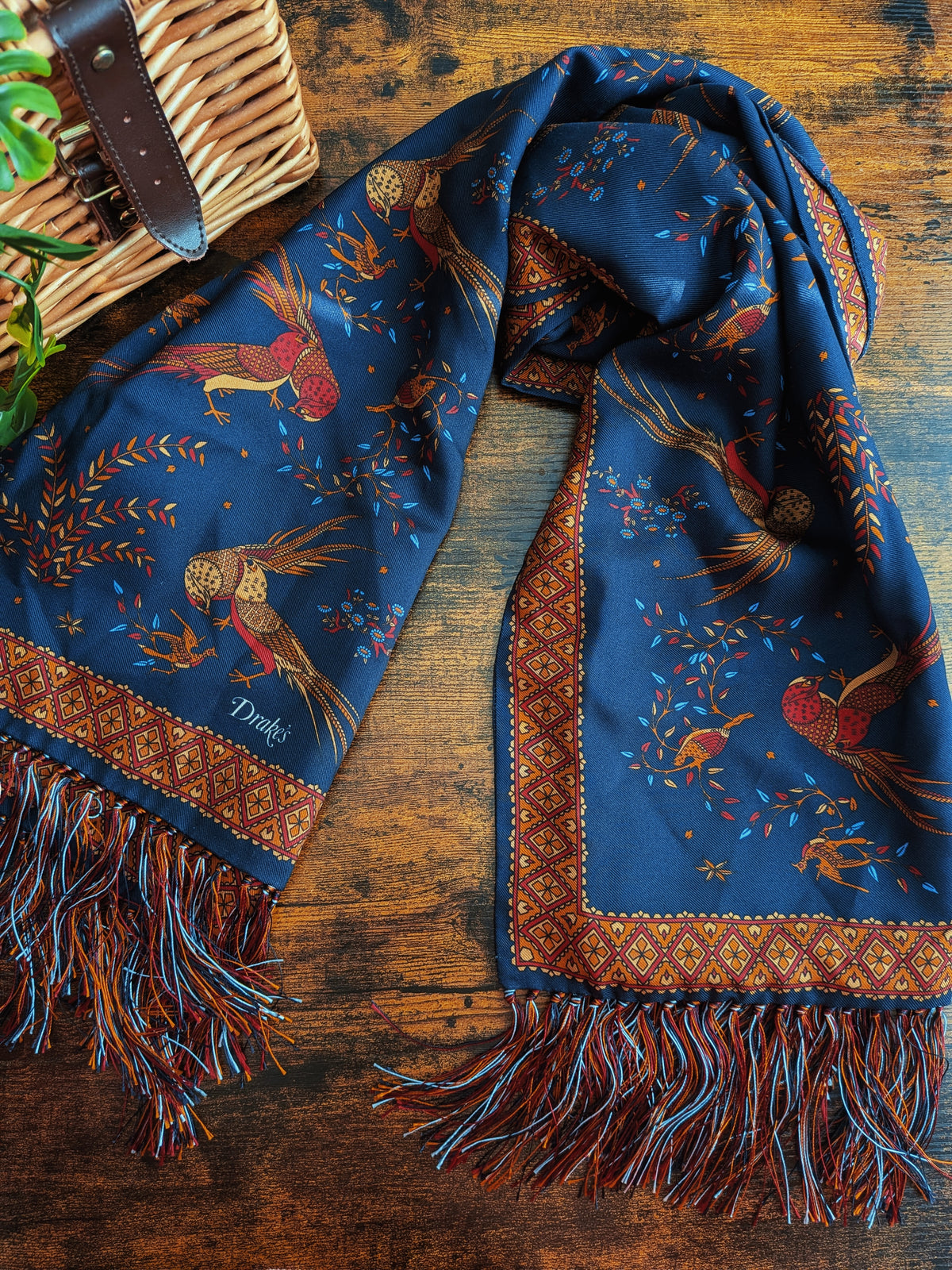 Drake's Navy Birds of Paradise Print Tubular Silk Tasselled Scarf - image 2