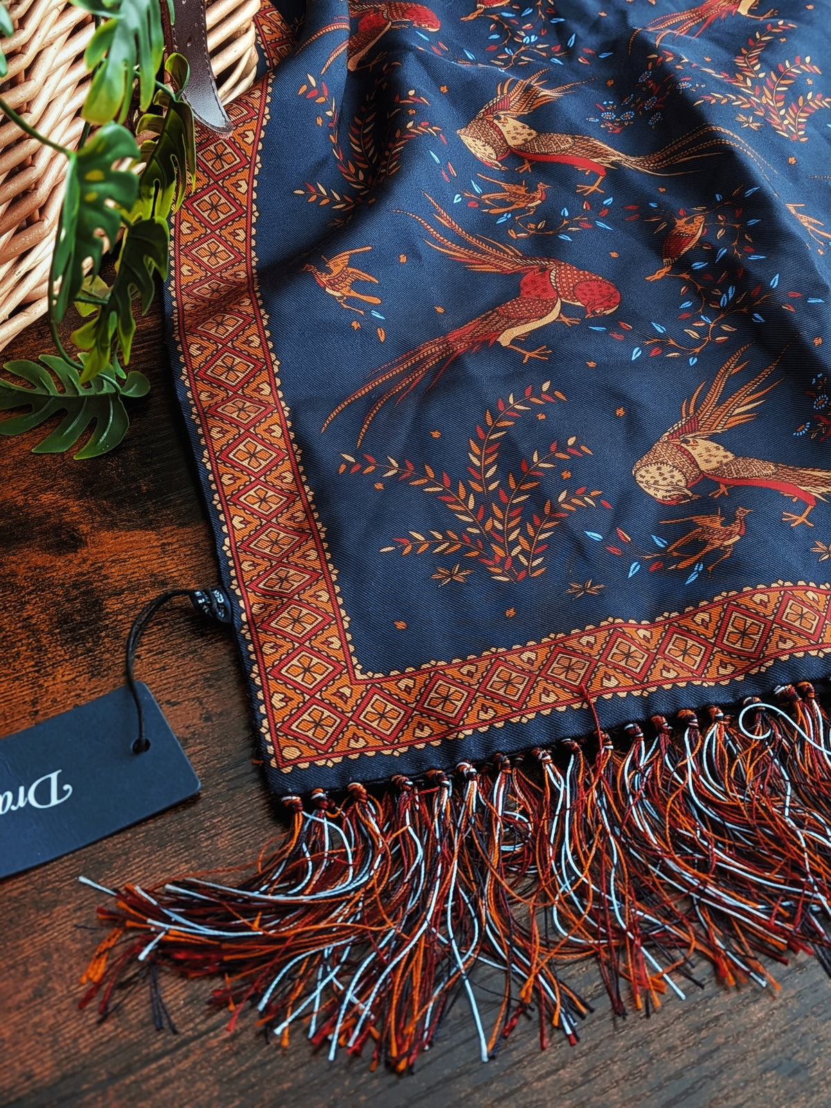 Drake's Navy Birds of Paradise Print Tubular Silk Tasselled Scarf - image 3
