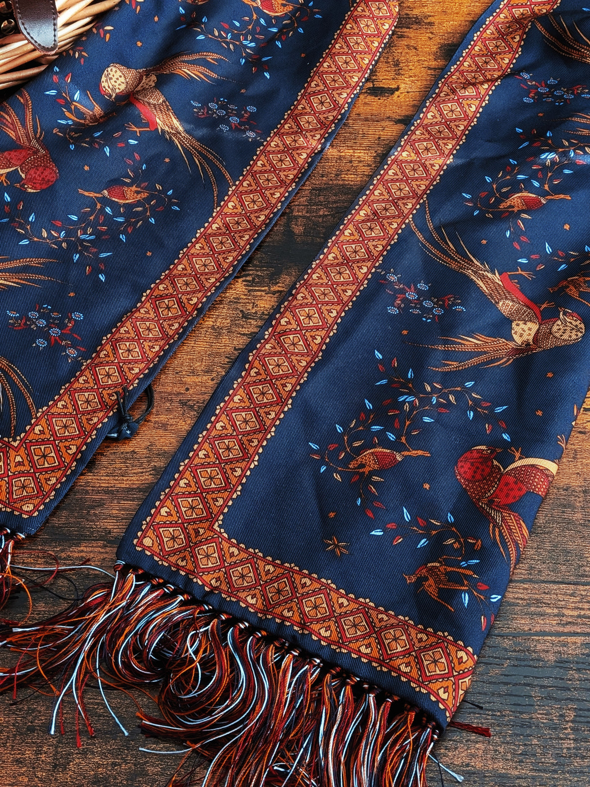 Drake's Navy Birds of Paradise Print Tubular Silk Tasselled Scarf - image 4