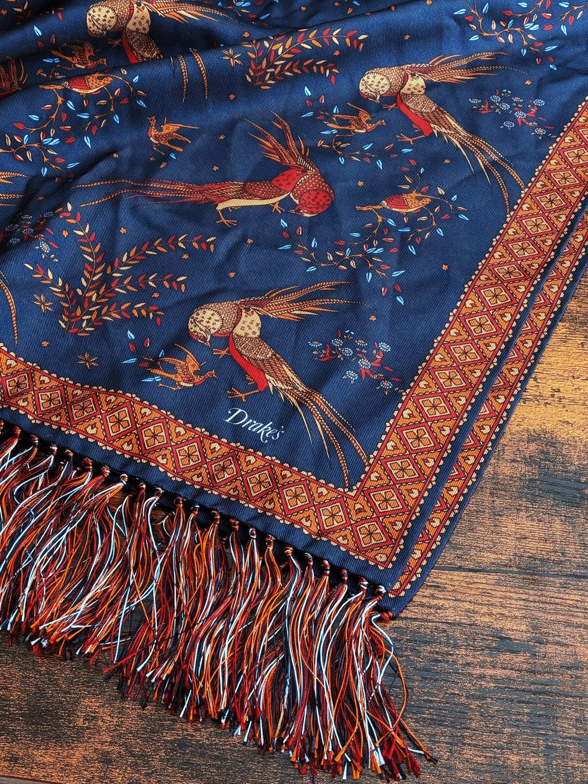 Drake's Navy Birds of Paradise Print Tubular Silk Tasselled Scarf - image 5