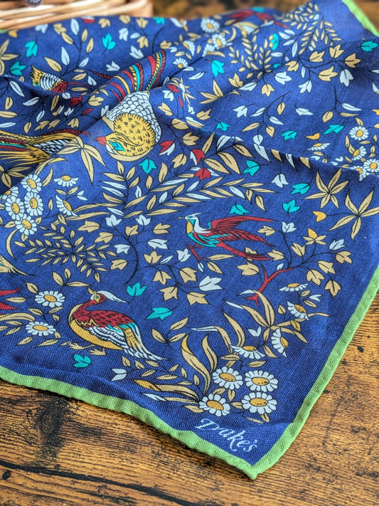 Drake's Navy Birds of Paradise Print Wool-Silk Pocket Square - image 1