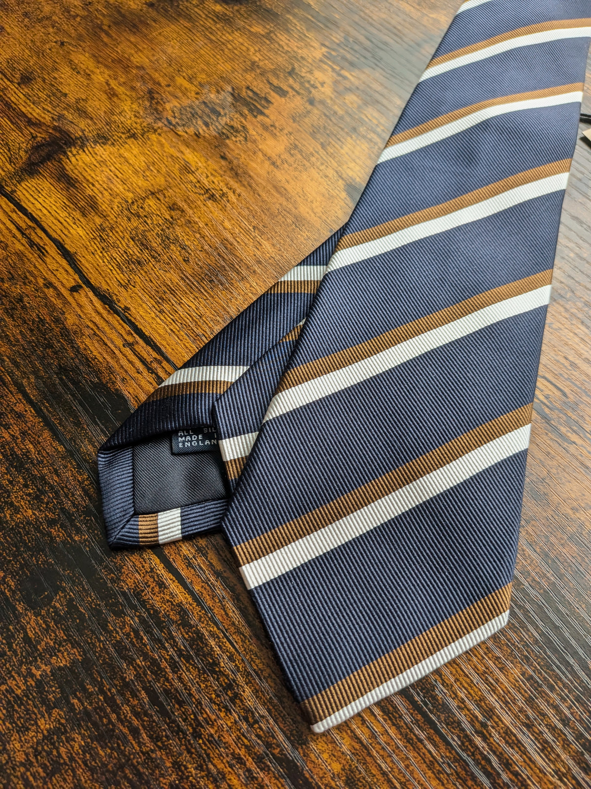 Drake's Navy, Brown and White Striped Handmade Silk Tie - image 2