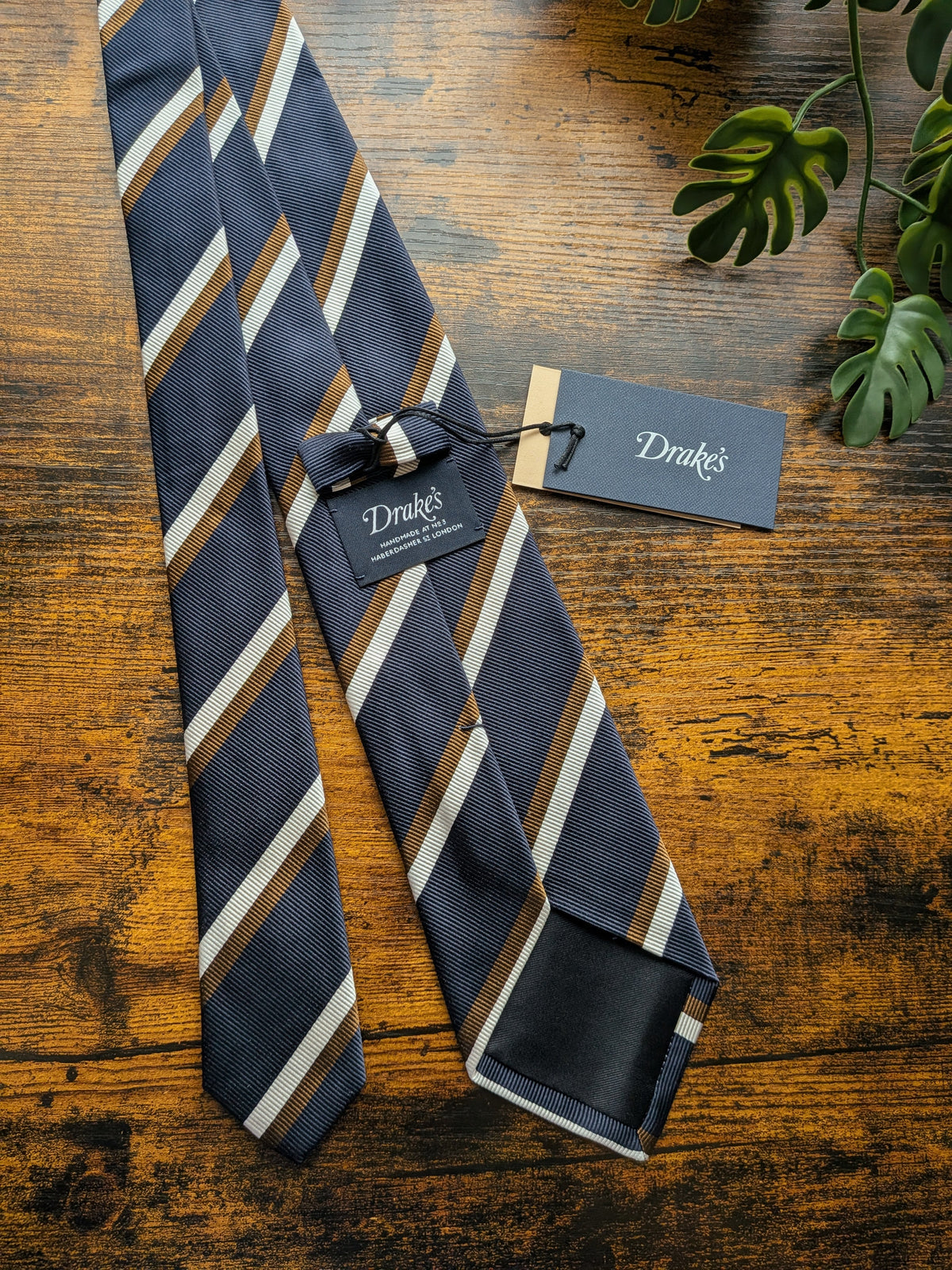 Drake's Navy, Brown and White Striped Handmade Silk Tie - image 3