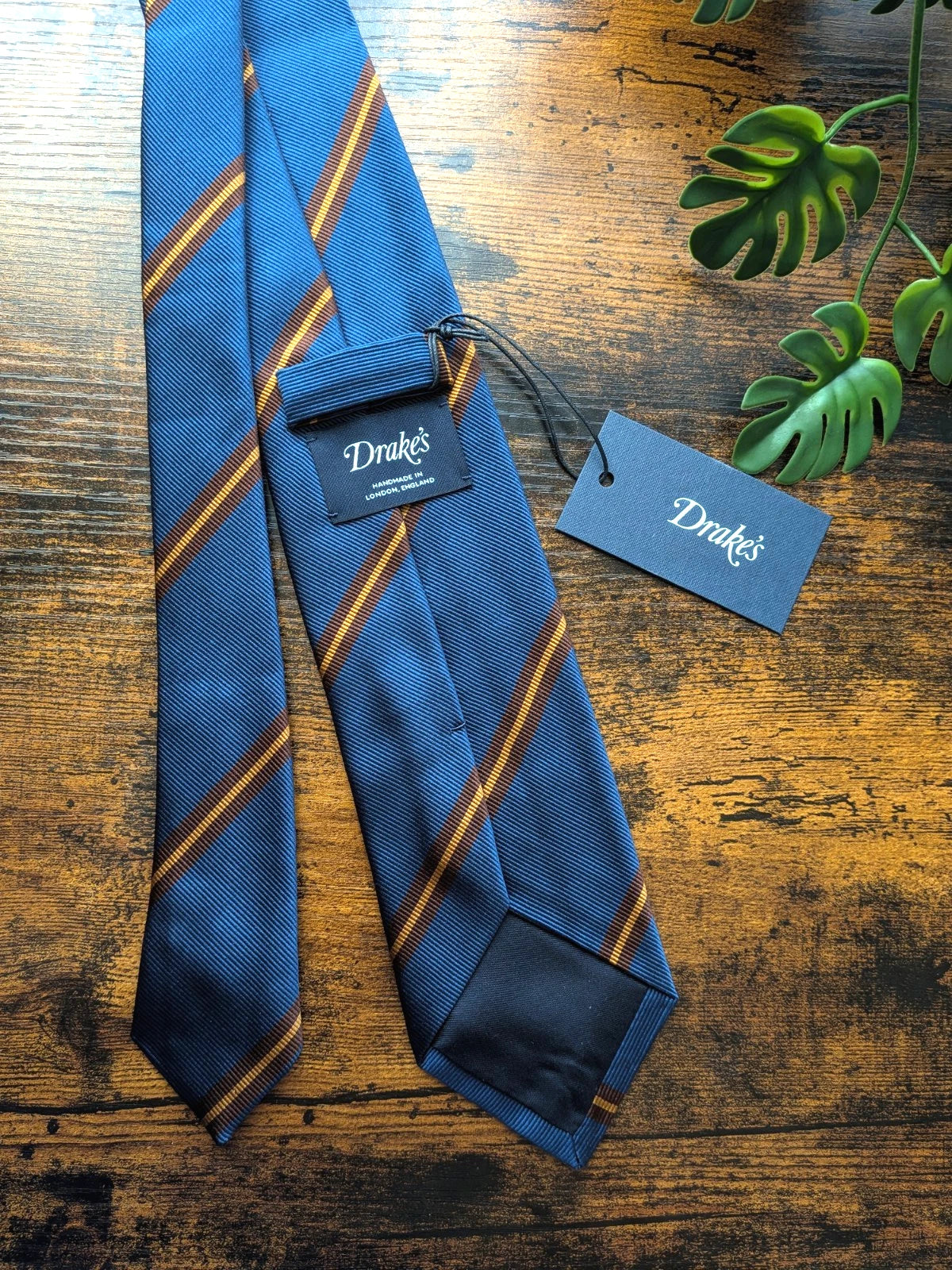 Drake's Navy, Brown and Yellow Striped Handmade Silk Tie - image 2