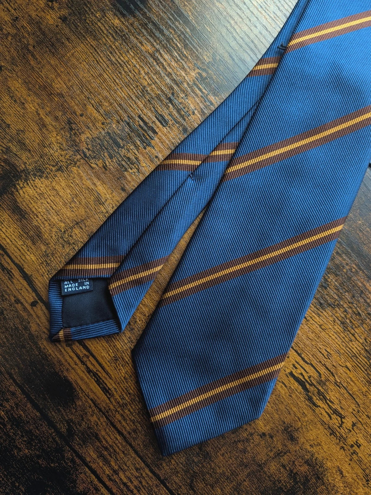 Drake's Navy, Brown and Yellow Striped Handmade Silk Tie - image 3