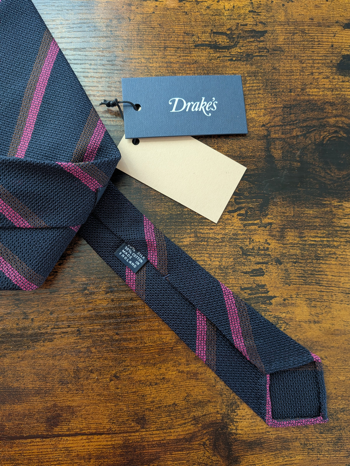 Drake's navy brown pink striped handmade silk tie detail view 2