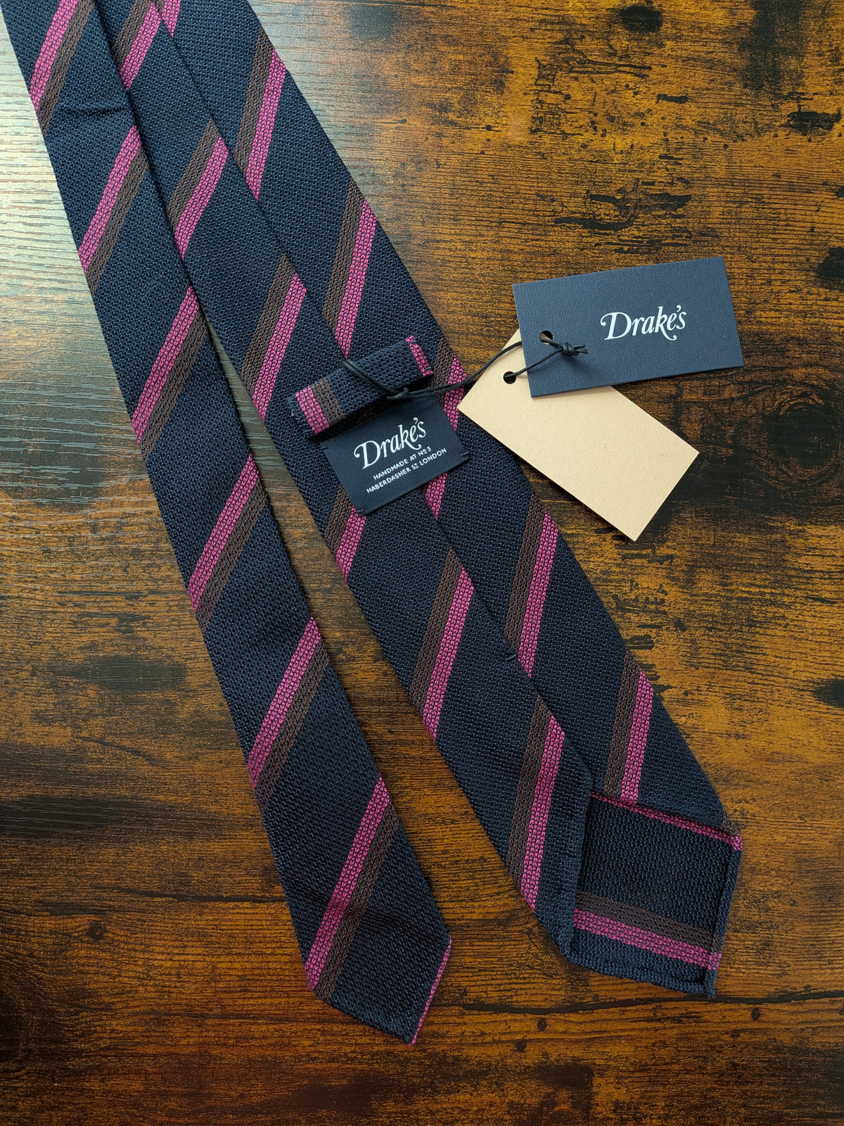Drake's navy brown pink striped handmade silk tie detail view 3