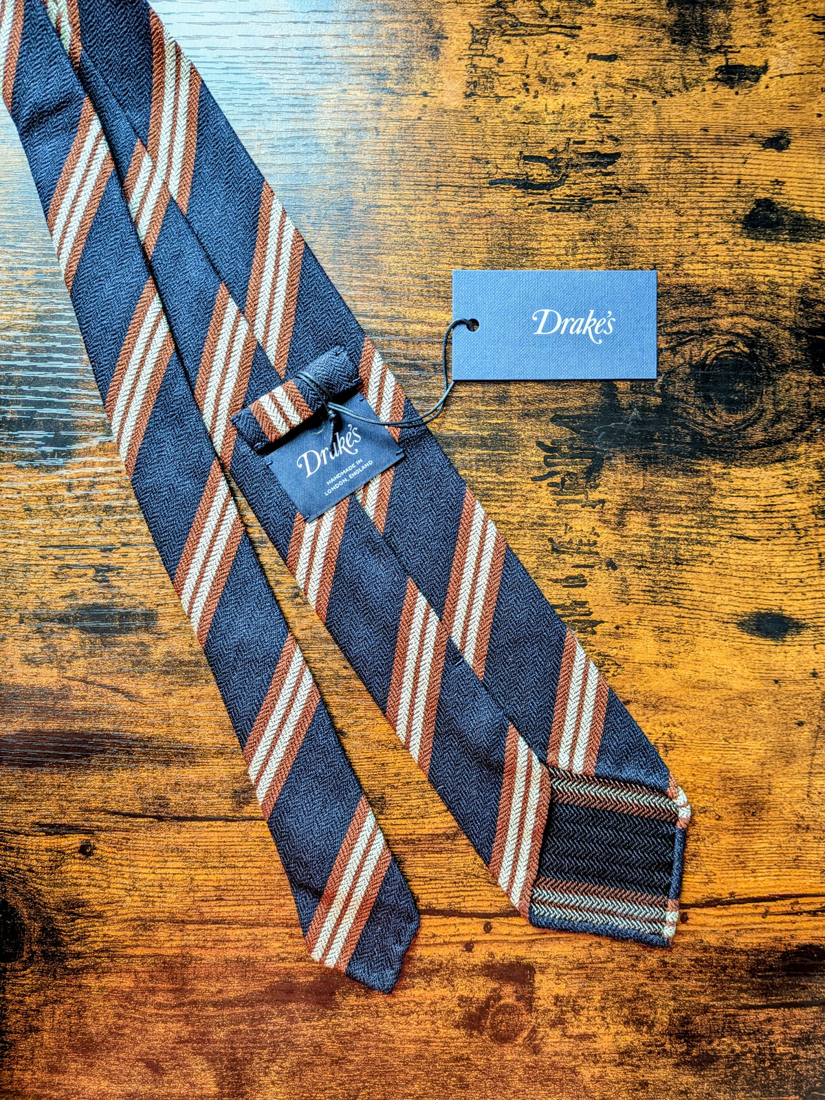 Drake's navy brown white handmade striped silk tie detail view 3