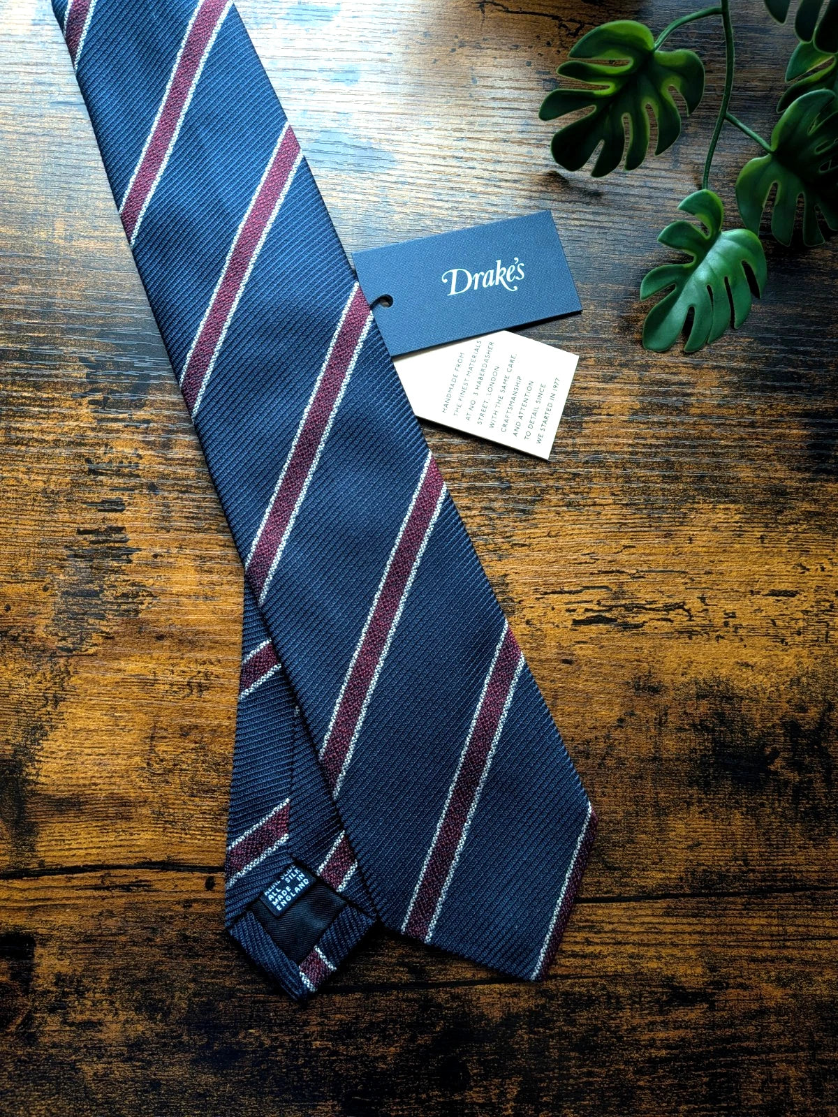 Drake's Navy, Burgundy and White Striped Handmade Silk Tie - image 1