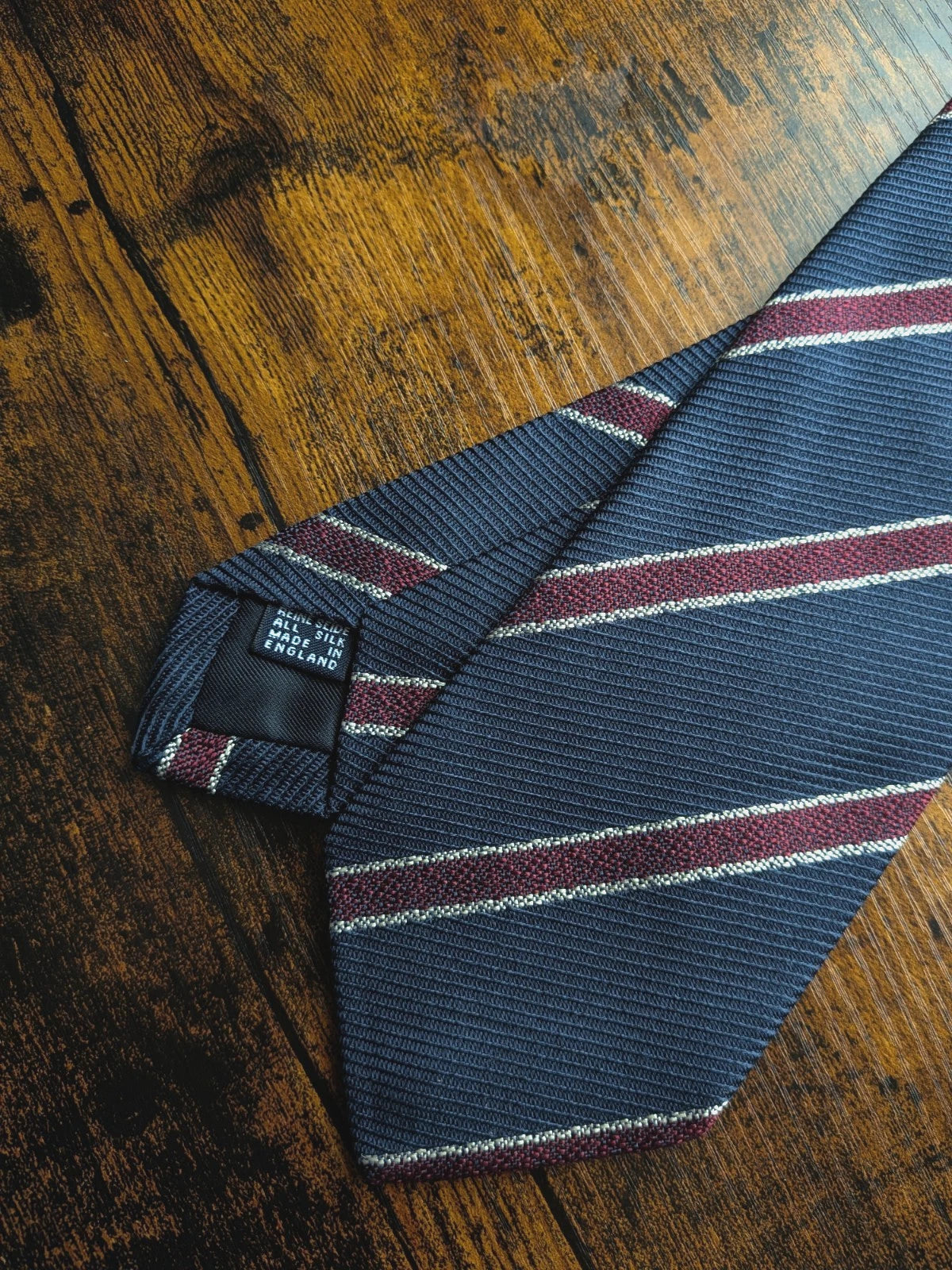 Drake's Navy, Burgundy and White Striped Handmade Silk Tie - image 2